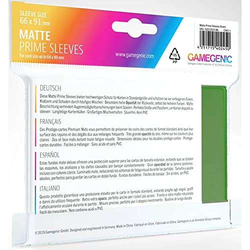 Gamegenic Matte Prime Sleeves – Green, 100 Pack, 66x99mm, Acid-Free