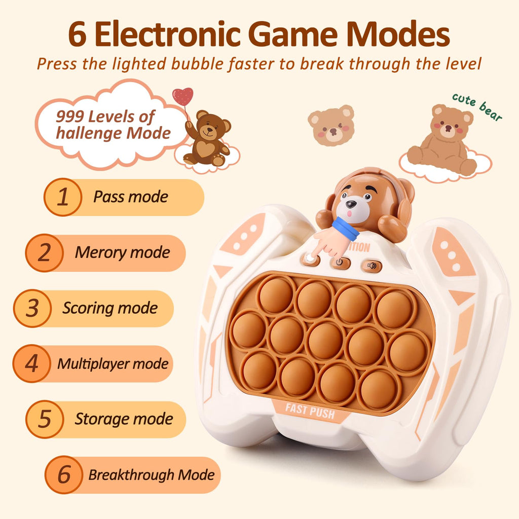 GAPER GO Brown Bear Fast Push Pop Fidget Toy – Handheld Light-Up Game for Kids Ages 3-12