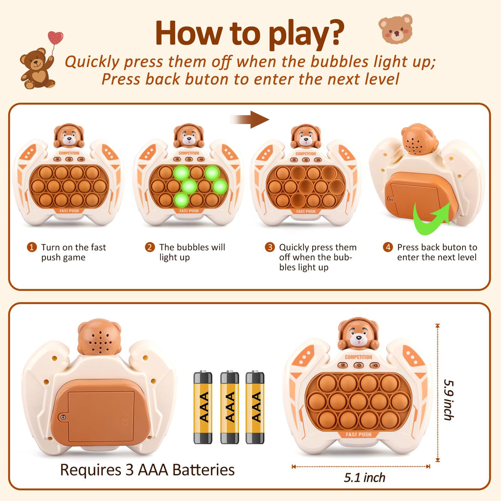 GAPER GO Brown Bear Fast Push Pop Fidget Toy – Handheld Light-Up Game for Kids Ages 3-12