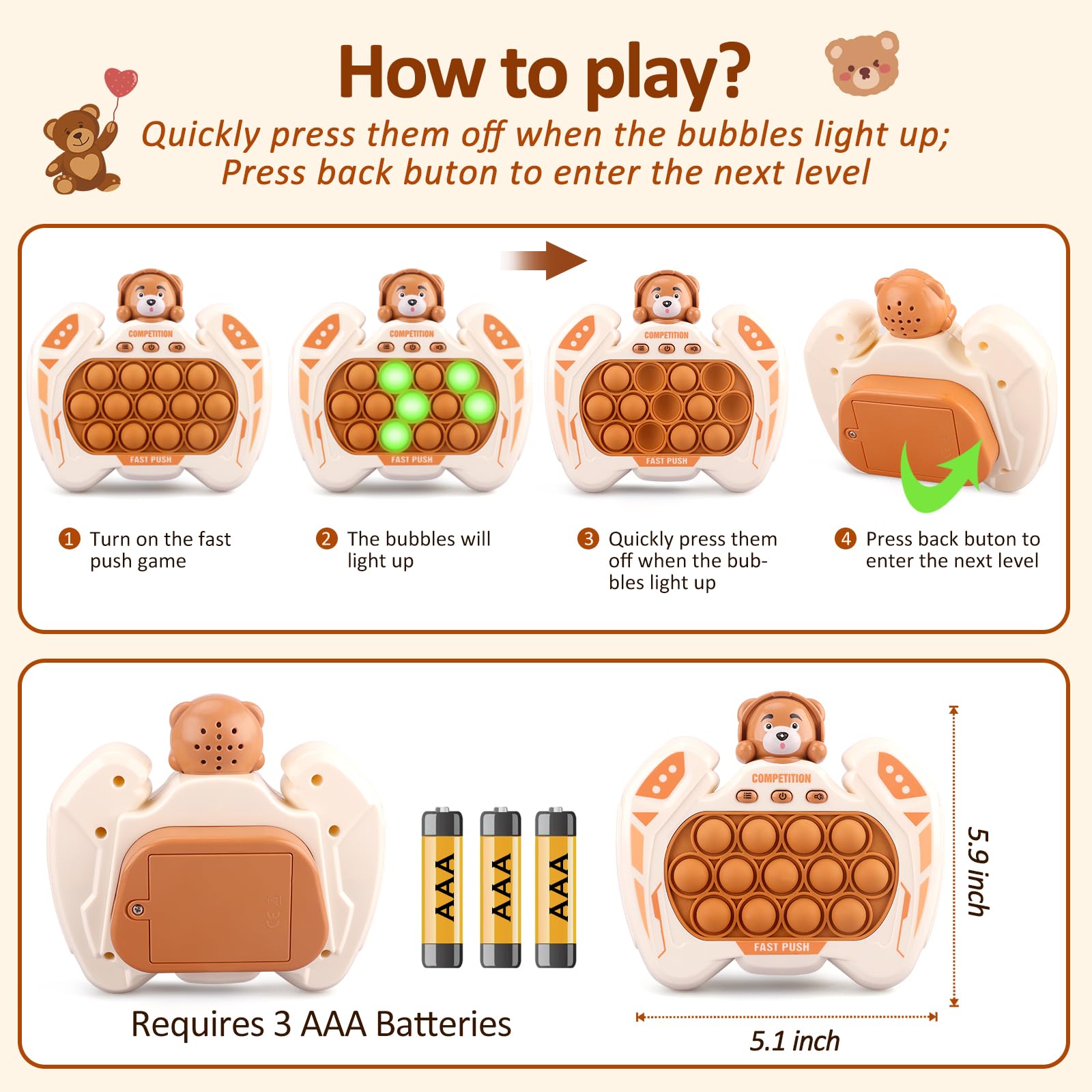 GAPER GO Brown Bear Fast Push Pop Fidget Toy – Handheld Light-Up Game for Kids Ages 3-12