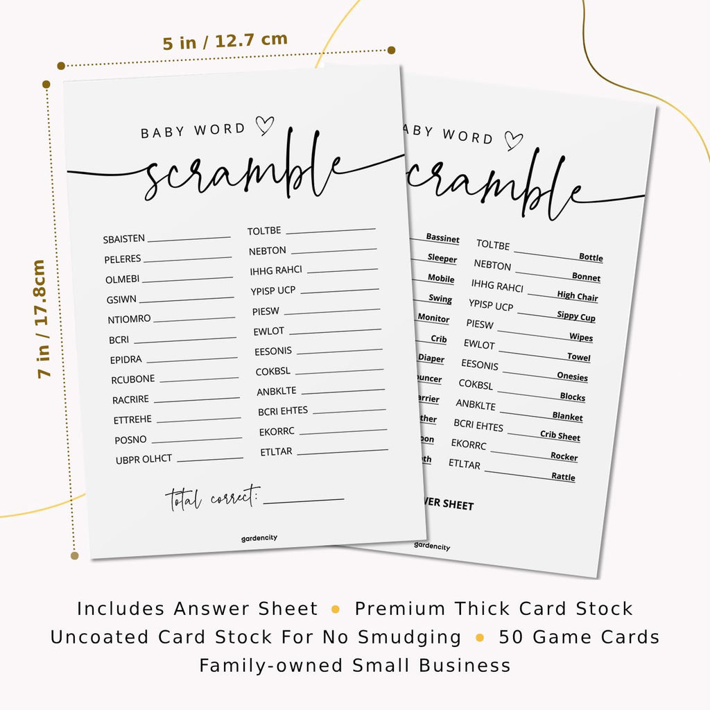 GardenCity 50 Baby Shower Word Scramble Game Cards – Gender Neutral Party Activity