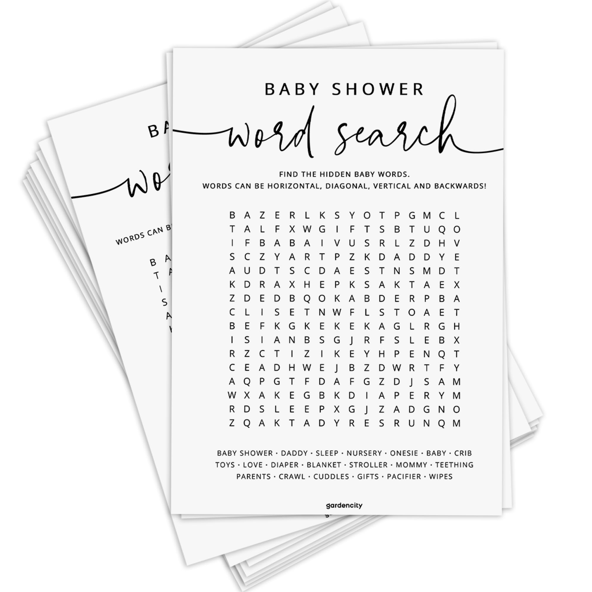 GardenCity 50 Baby Shower Word Search Game Cards – Gender Neutral, Minimalist, 5x7 Inches