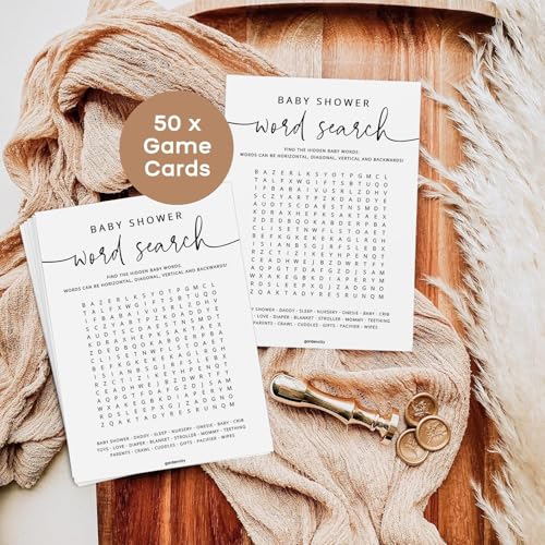 GardenCity 50 Baby Shower Word Search Game Cards – Gender Neutral, Minimalist, 5x7 Inches