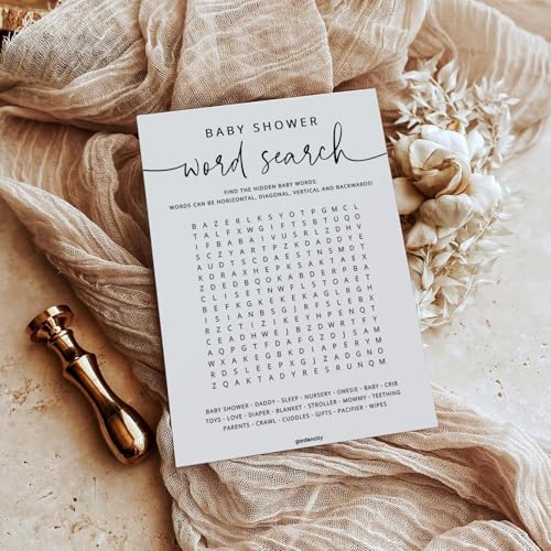 GardenCity 50 Baby Shower Word Search Game Cards – Gender Neutral, Minimalist, 5x7 Inches