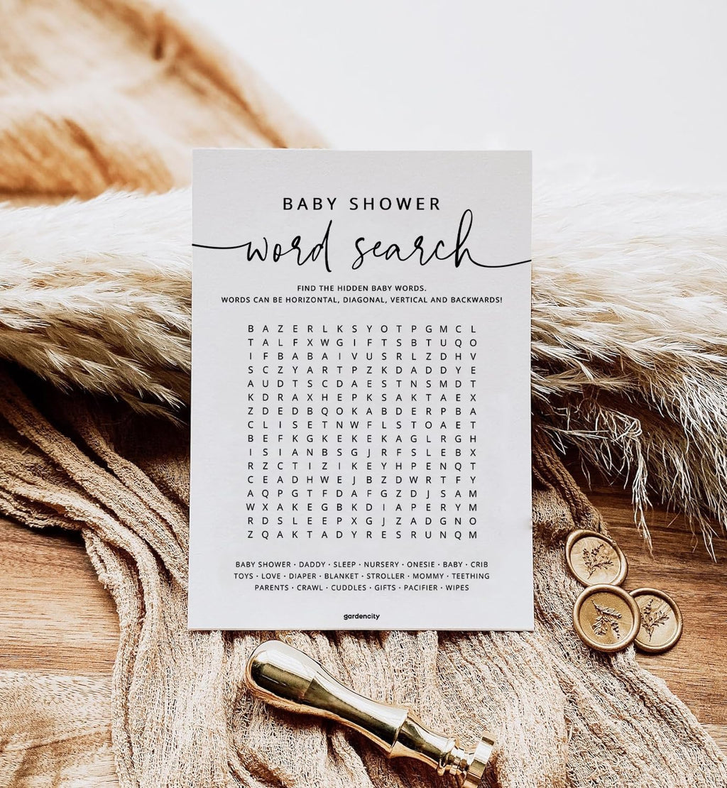 GardenCity 50 Baby Shower Word Search Game Cards – Gender Neutral, Minimalist, 5x7 Inches