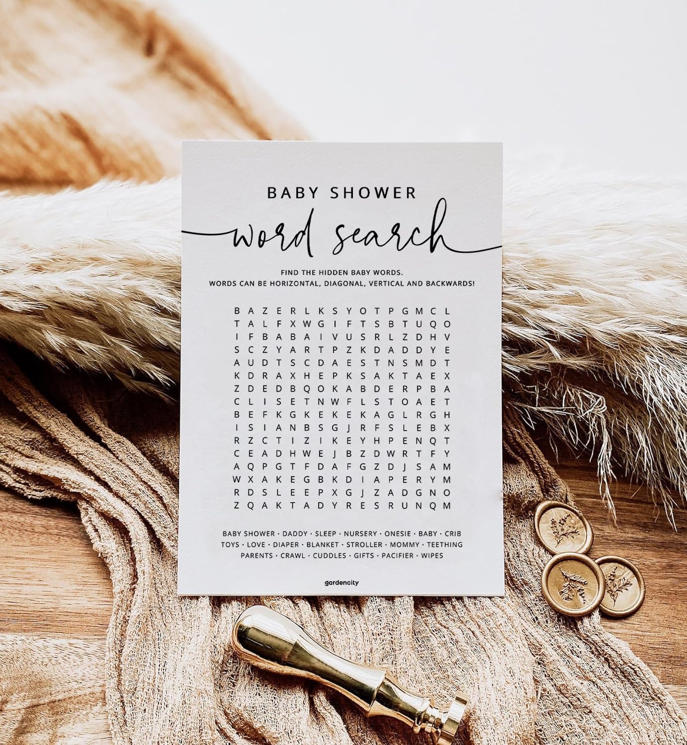 GardenCity 50 Baby Shower Word Search Game Cards – Gender Neutral, Minimalist, 5x7 Inches