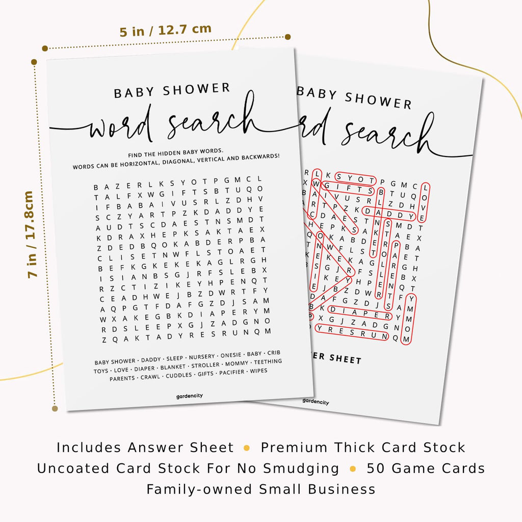GardenCity 50 Baby Shower Word Search Game Cards – Gender Neutral, Minimalist, 5x7 Inches
