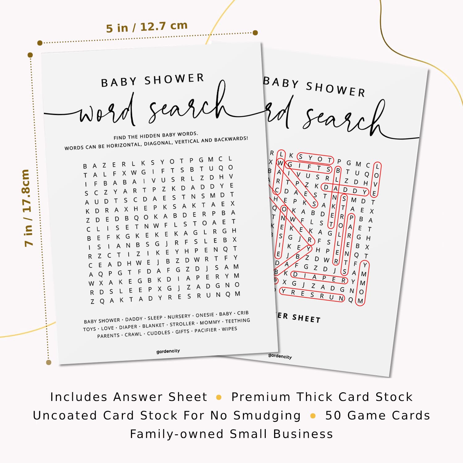GardenCity 50 Baby Shower Word Search Game Cards – Gender Neutral, Minimalist, 5x7 Inches