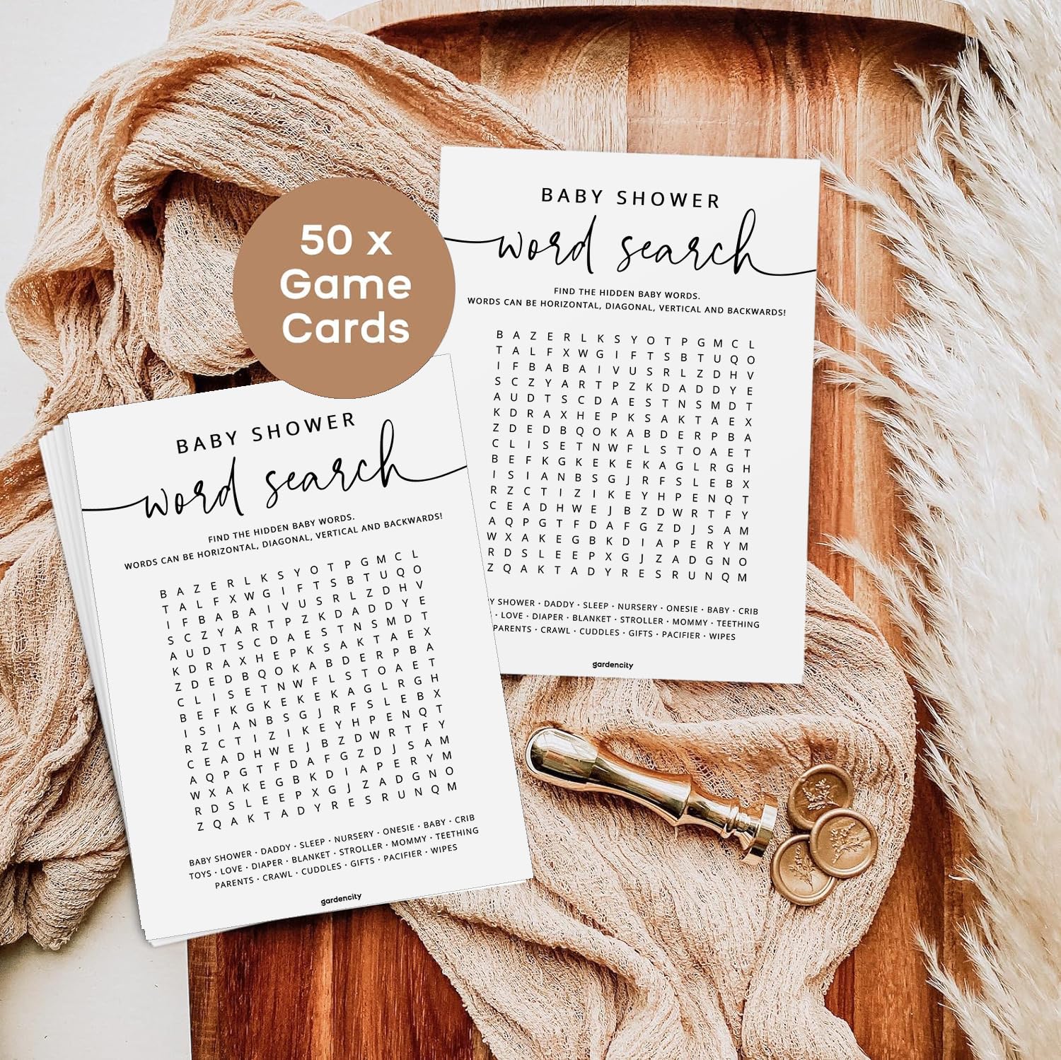 GardenCity 50 Baby Shower Word Search Game Cards – Gender Neutral, Minimalist, 5x7 Inches