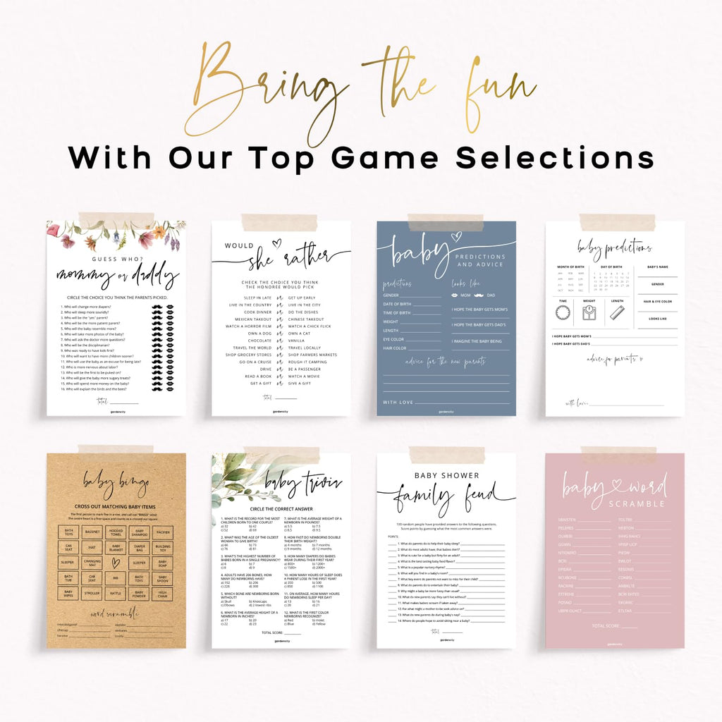 GardenCity 50 Baby Shower Word Search Game Cards – Gender Neutral, Minimalist, 5x7 Inches