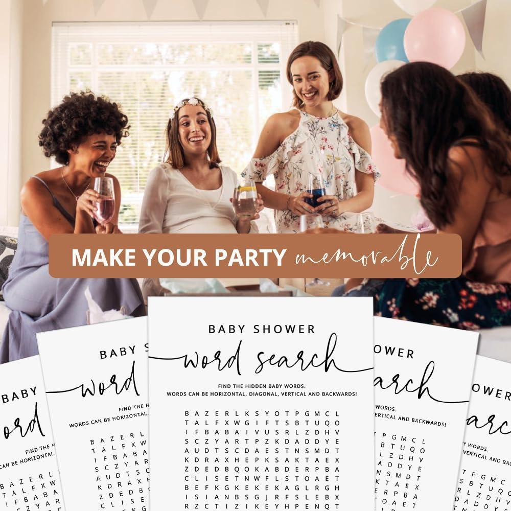 GardenCity 50 Baby Shower Word Search Game Cards – Gender Neutral, Minimalist, 5x7 Inches