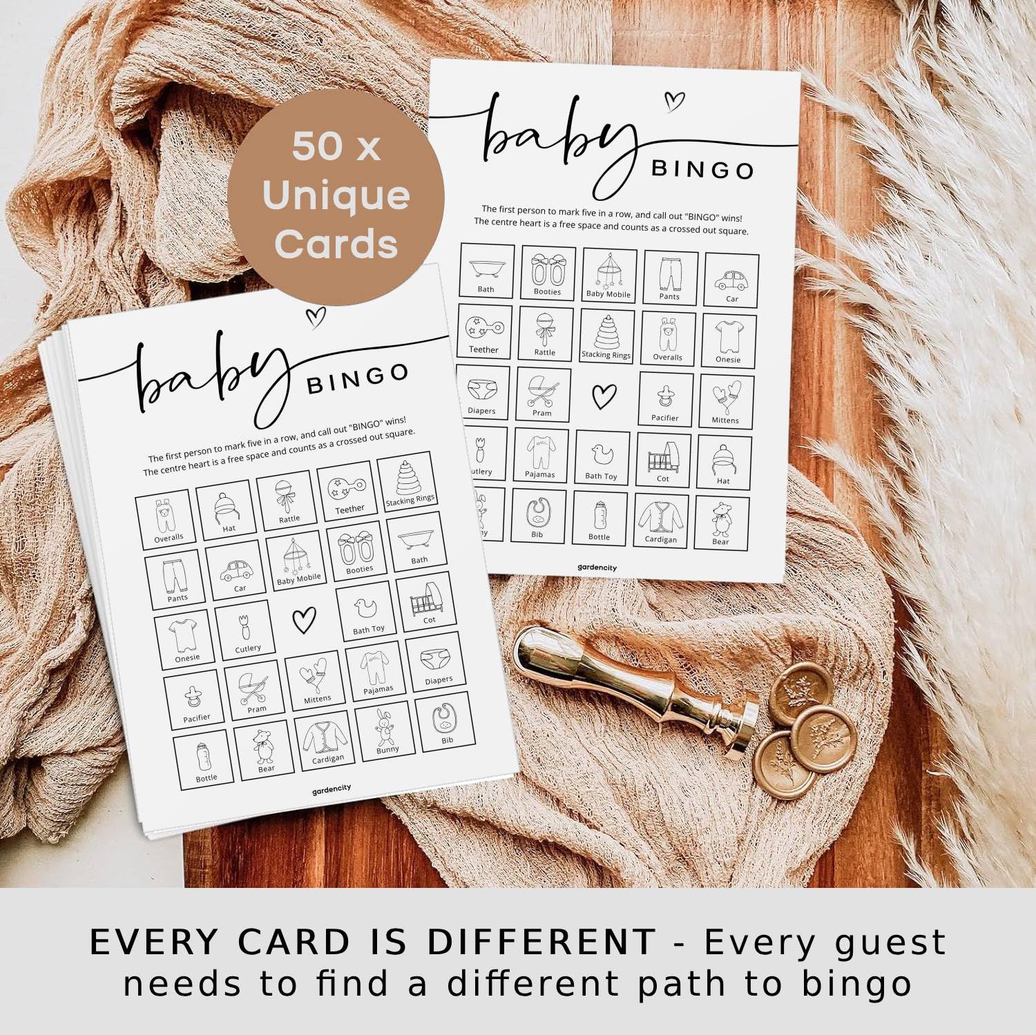 GardenCity Baby Shower Bingo – 50 Unique Pre-Filled Cards, Pink Minimalist Design, Two Ways to Play