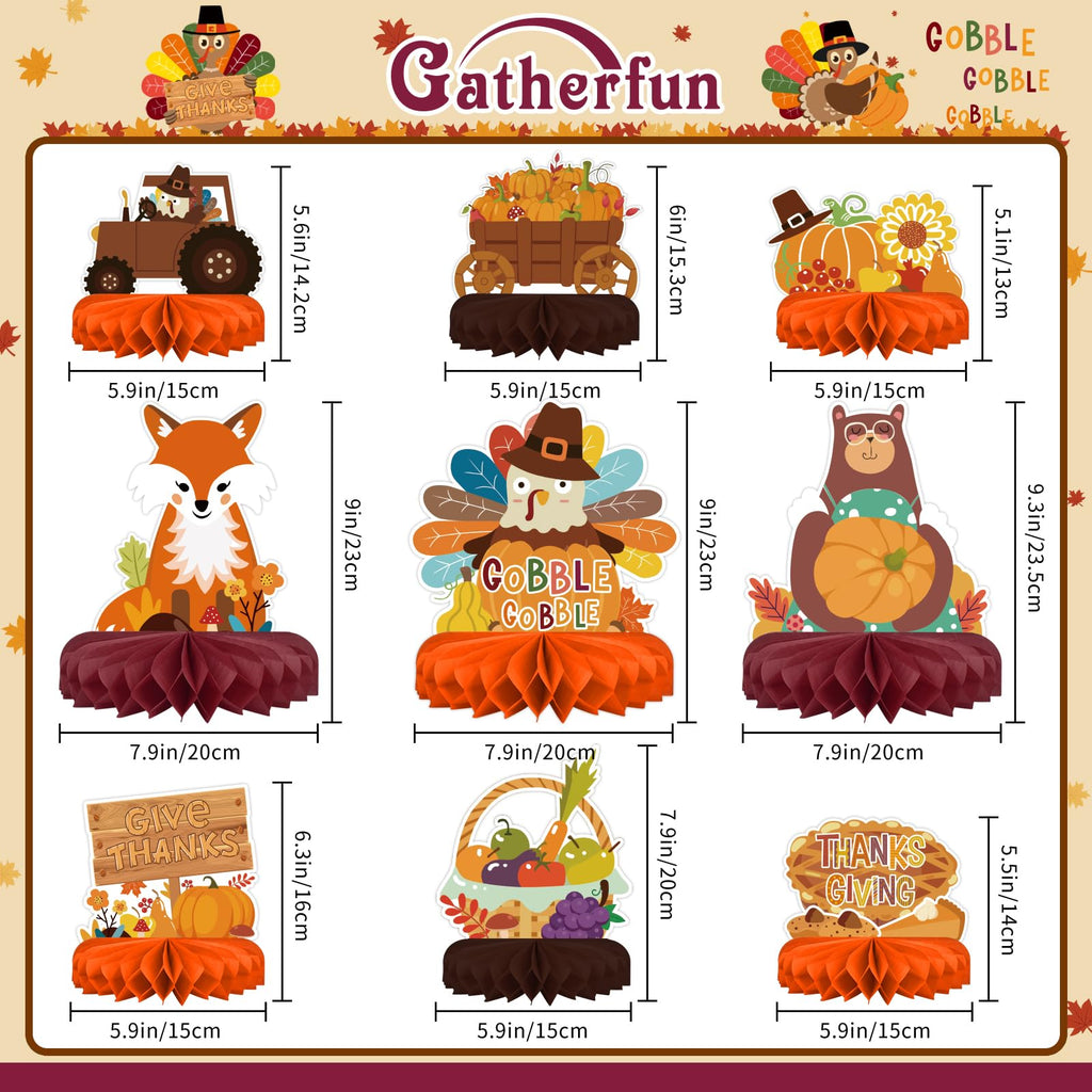 Gatherfun 9-Piece Fall Honeycomb Centerpieces Set - Thanksgiving Table Decorations, 7x7 Inches