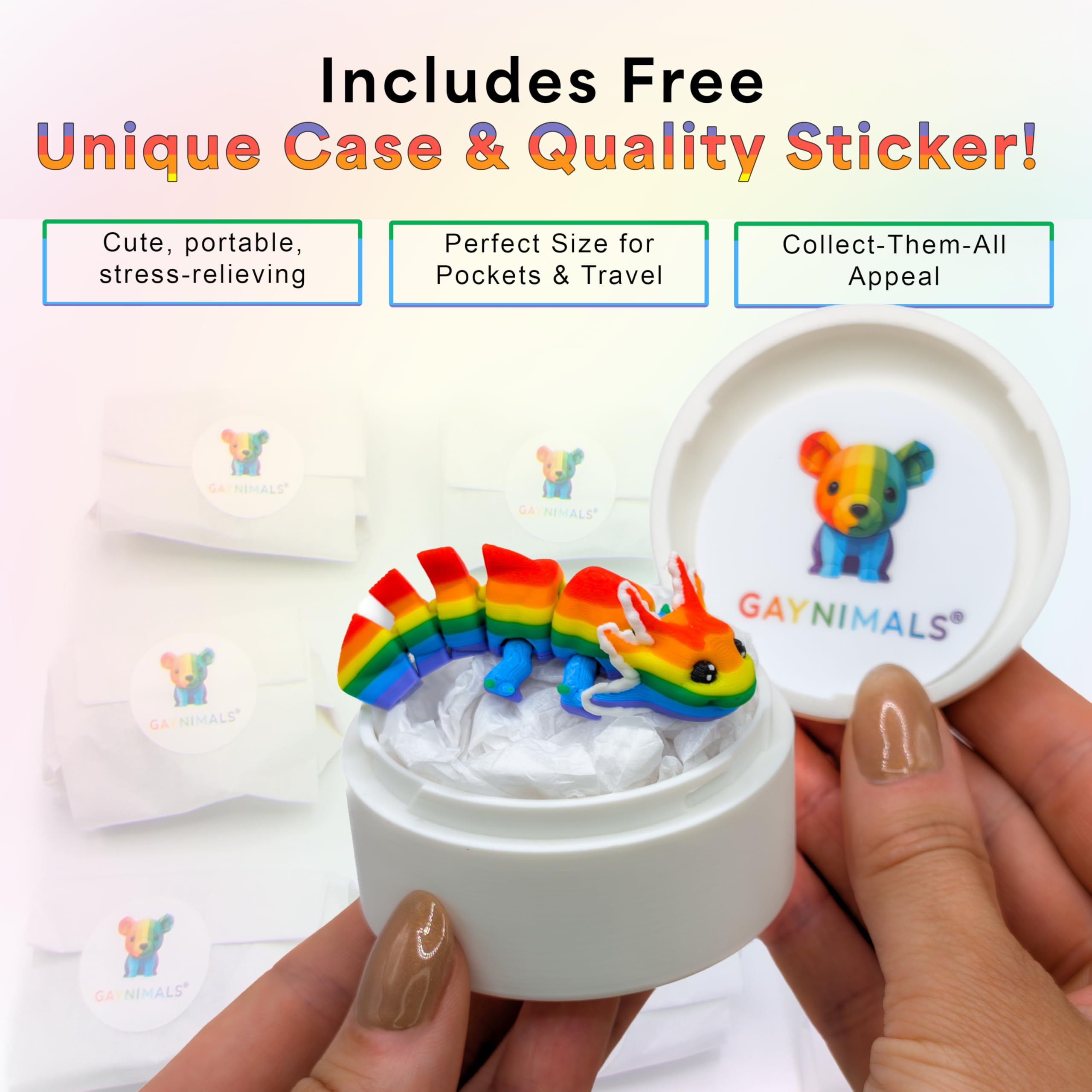 Gaynimals Archie The Axolotl: 3D Printed Articulated Fidget Desk Pet with Collector Case & Sticker