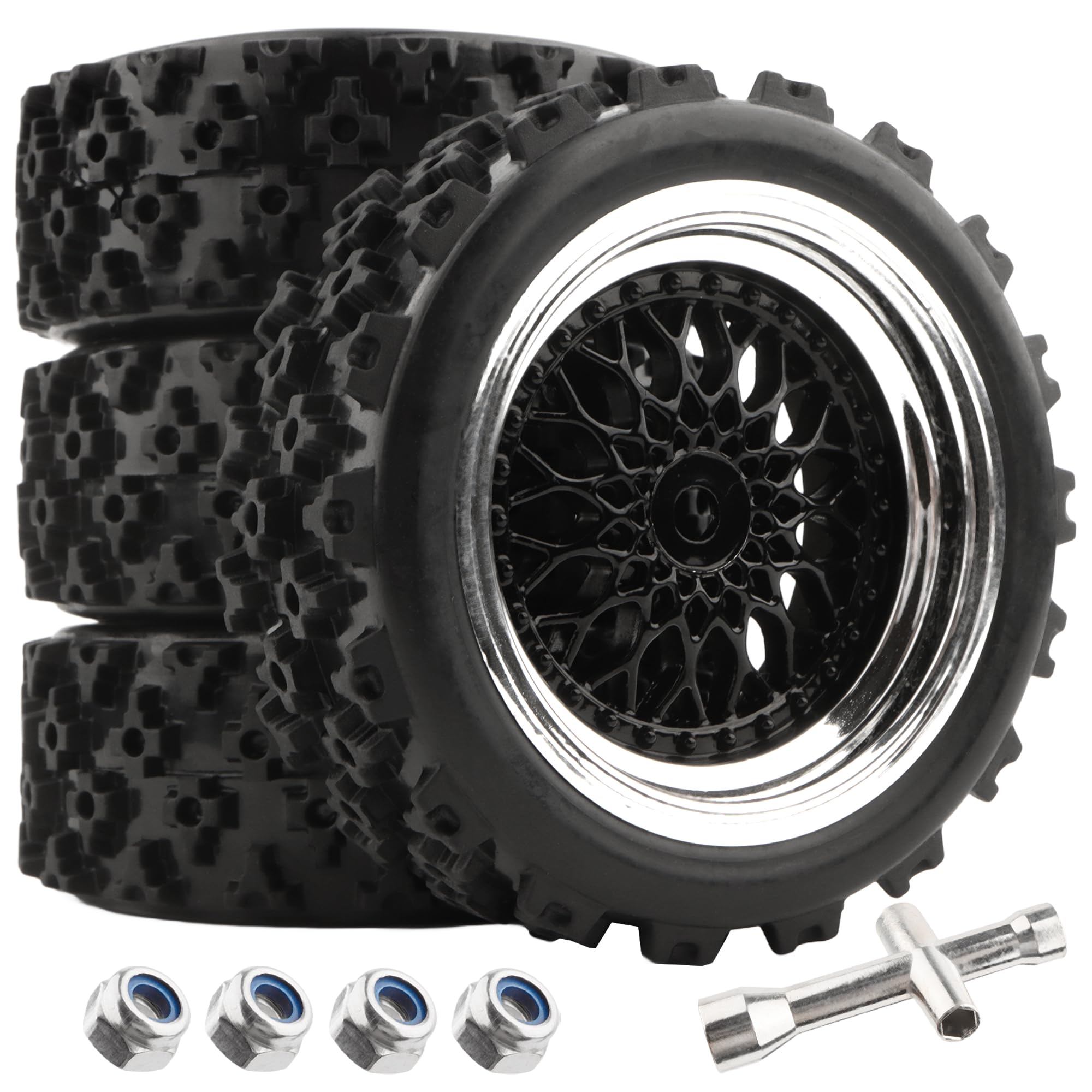 GDOOL 1/10 Scale RC On-Road Tires 2.83" Diameter 12mm Hex, Compatible with Tamiya TT01 TT02 Traxxas 4Tec 2.0 WLtoys 144001, Set of 4 with Wrench and Nuts (Non-Glued)