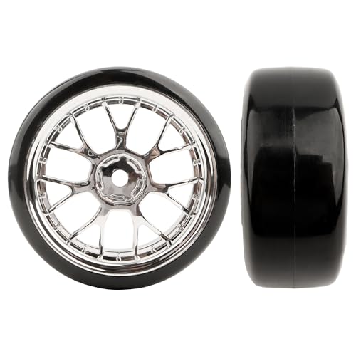 GDOOL 4-Piece 1/10 Scale Hard Plastic RC Drift Tires & Wheels with 12mm Hex – Silver (62mm x 26mm)