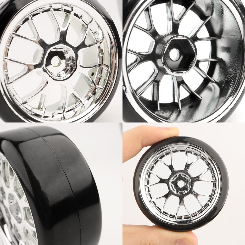 GDOOL 4-Piece 1/10 Scale Hard Plastic RC Drift Tires & Wheels with 12mm Hex – Silver (62mm x 26mm)