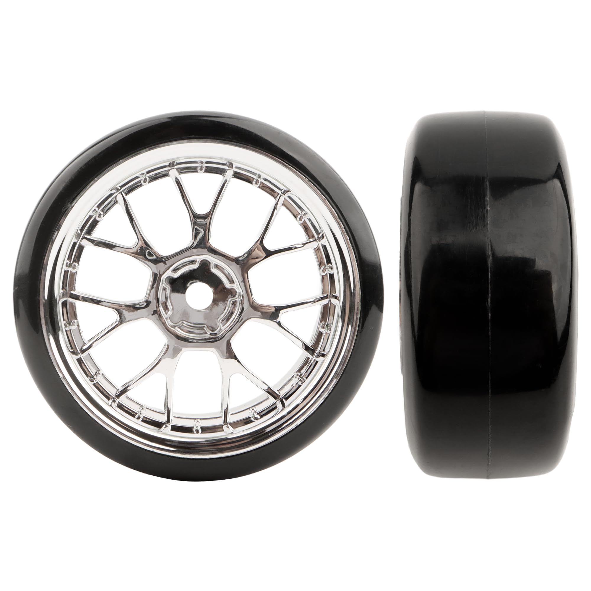 GDOOL 4-Piece 1/10 Scale Hard Plastic RC Drift Tires & Wheels with 12mm Hex – Silver (62mm x 26mm)