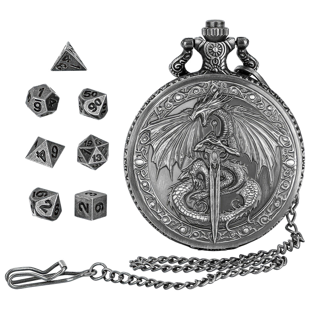 GEAoffice Vintage Dragon & Sword Pocket Watch Dice Set - Solid Metal Mini Dice for DND, RPG, Fantasy Gaming - Dungeon Master Gift