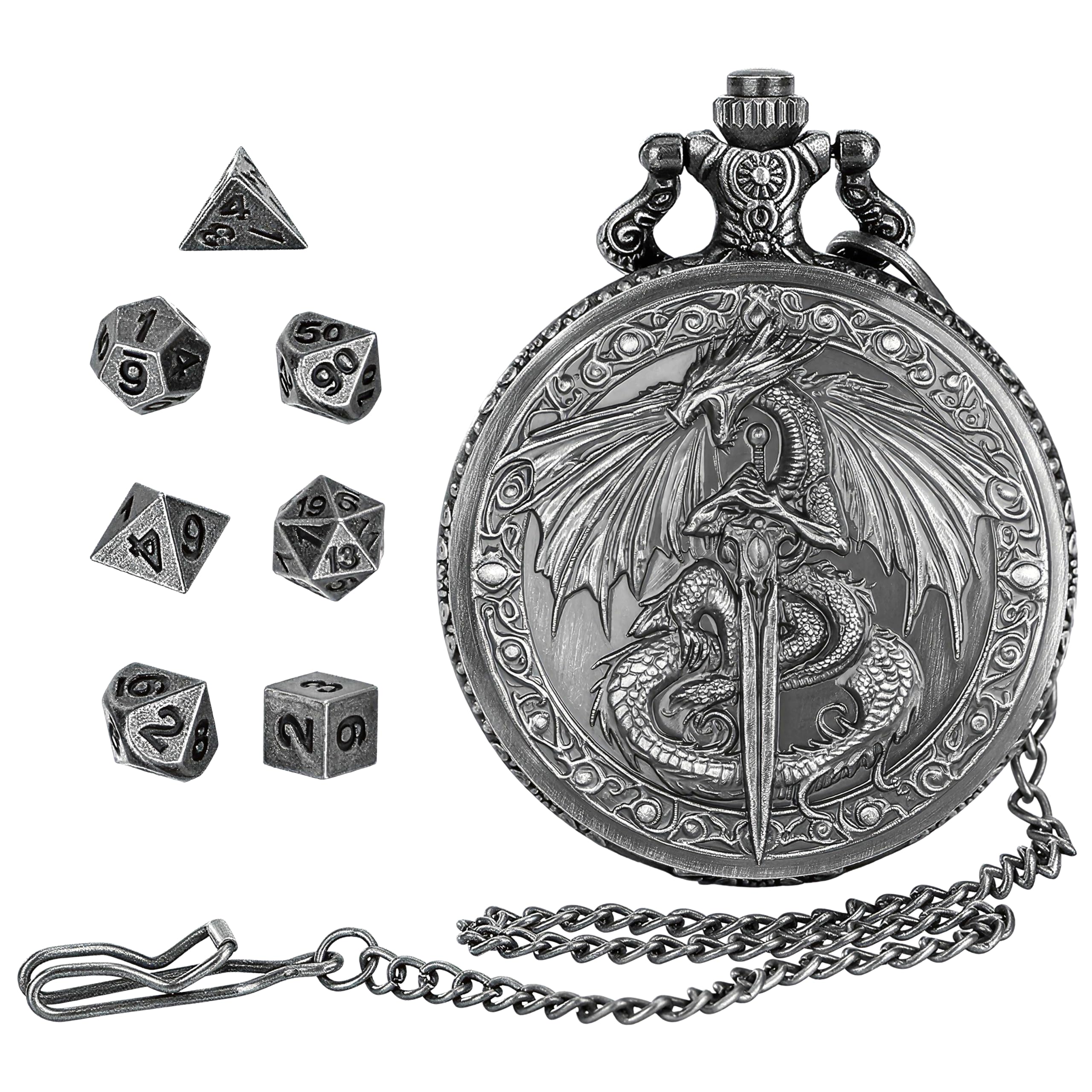 GEAoffice Vintage Dragon & Sword Pocket Watch Dice Set - Solid Metal Mini Dice for DND, RPG, Fantasy Gaming - Dungeon Master Gift
