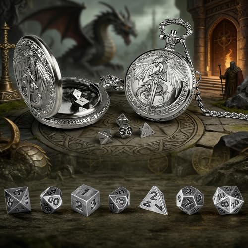 GEAoffice Vintage Dragon & Sword Pocket Watch Dice Set - Solid Metal Mini Dice for DND, RPG, Fantasy Gaming - Dungeon Master Gift