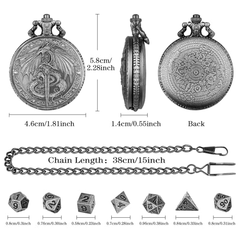 GEAoffice Vintage Dragon & Sword Pocket Watch Dice Set - Solid Metal Mini Dice for DND, RPG, Fantasy Gaming - Dungeon Master Gift