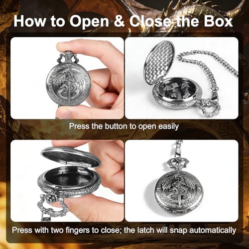 GEAoffice Vintage Dragon & Sword Pocket Watch Dice Set - Solid Metal Mini Dice for DND, RPG, Fantasy Gaming - Dungeon Master Gift