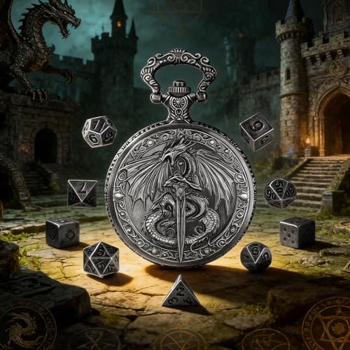 GEAoffice Vintage Dragon & Sword Pocket Watch Dice Set - Solid Metal Mini Dice for DND, RPG, Fantasy Gaming - Dungeon Master Gift
