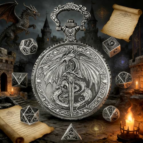 GEAoffice Vintage Dragon & Sword Pocket Watch Dice Set - Solid Metal Mini Dice for DND, RPG, Fantasy Gaming - Dungeon Master Gift