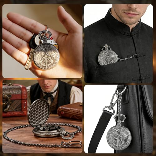 GEAoffice Vintage Dragon & Sword Pocket Watch Dice Set - Solid Metal Mini Dice for DND, RPG, Fantasy Gaming - Dungeon Master Gift