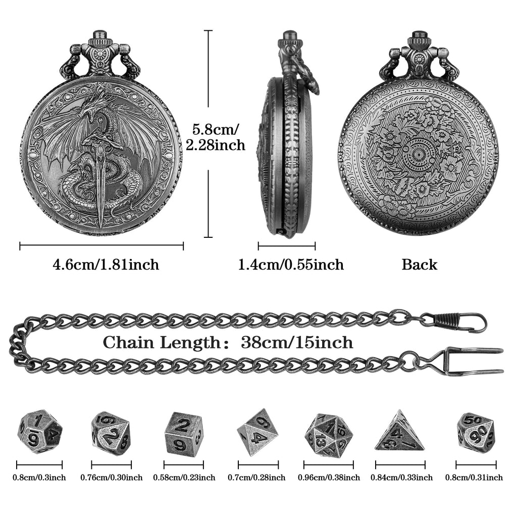 GEAoffice Vintage Dragon & Sword Pocket Watch Dice Set - Solid Metal Mini Dice for DND, RPG, Fantasy Gaming - Dungeon Master Gift