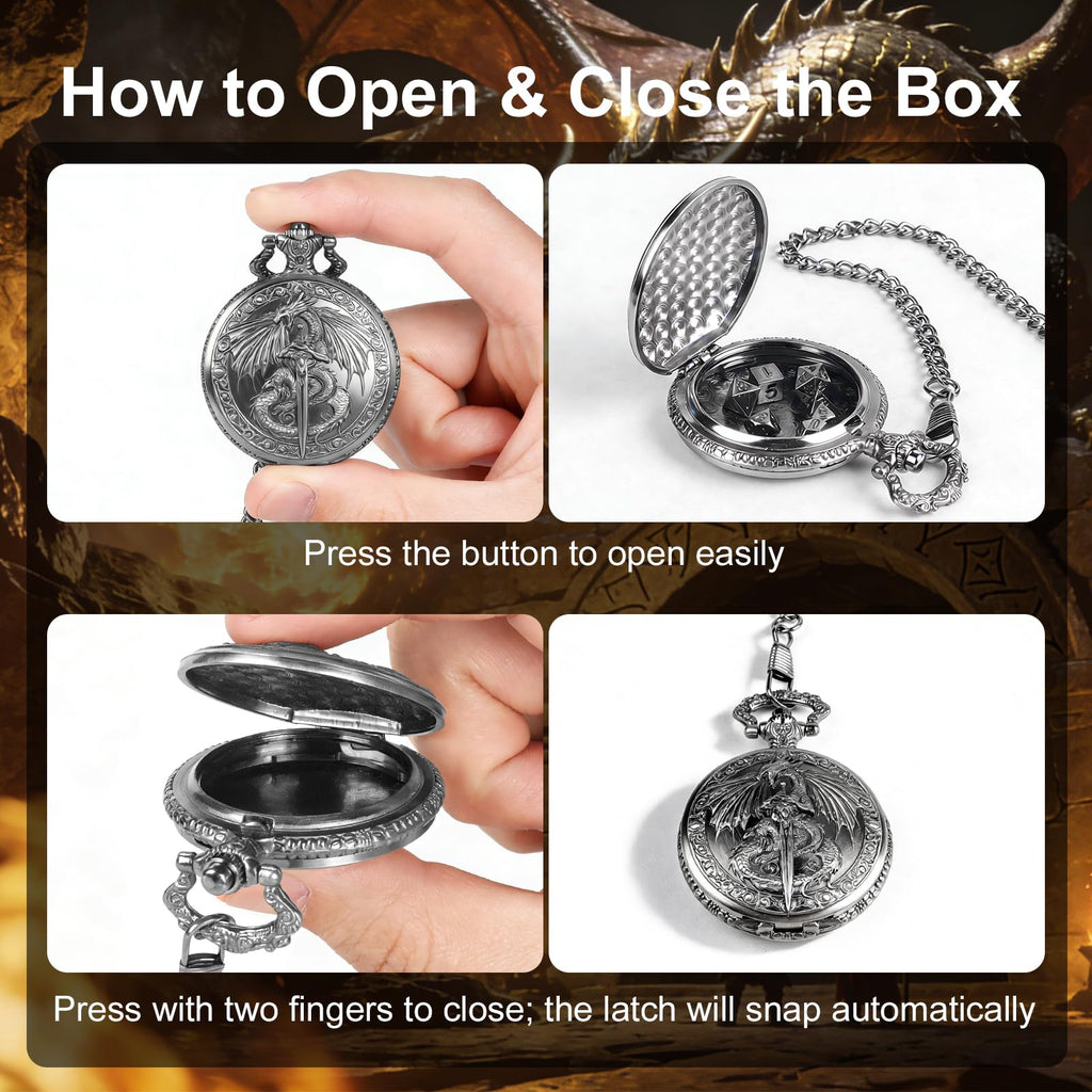 GEAoffice Vintage Dragon & Sword Pocket Watch Dice Set - Solid Metal Mini Dice for DND, RPG, Fantasy Gaming - Dungeon Master Gift