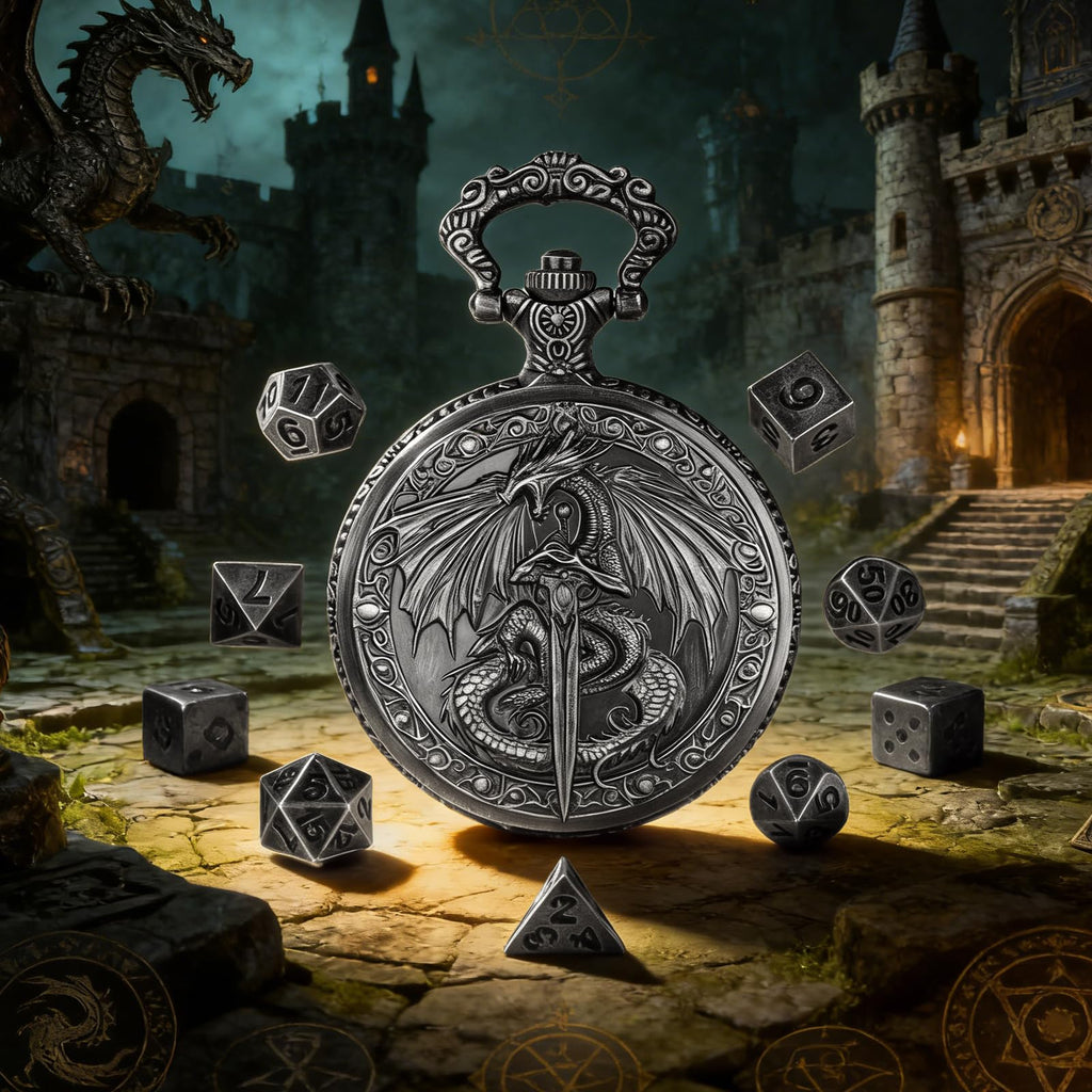 GEAoffice Vintage Dragon & Sword Pocket Watch Dice Set - Solid Metal Mini Dice for DND, RPG, Fantasy Gaming - Dungeon Master Gift