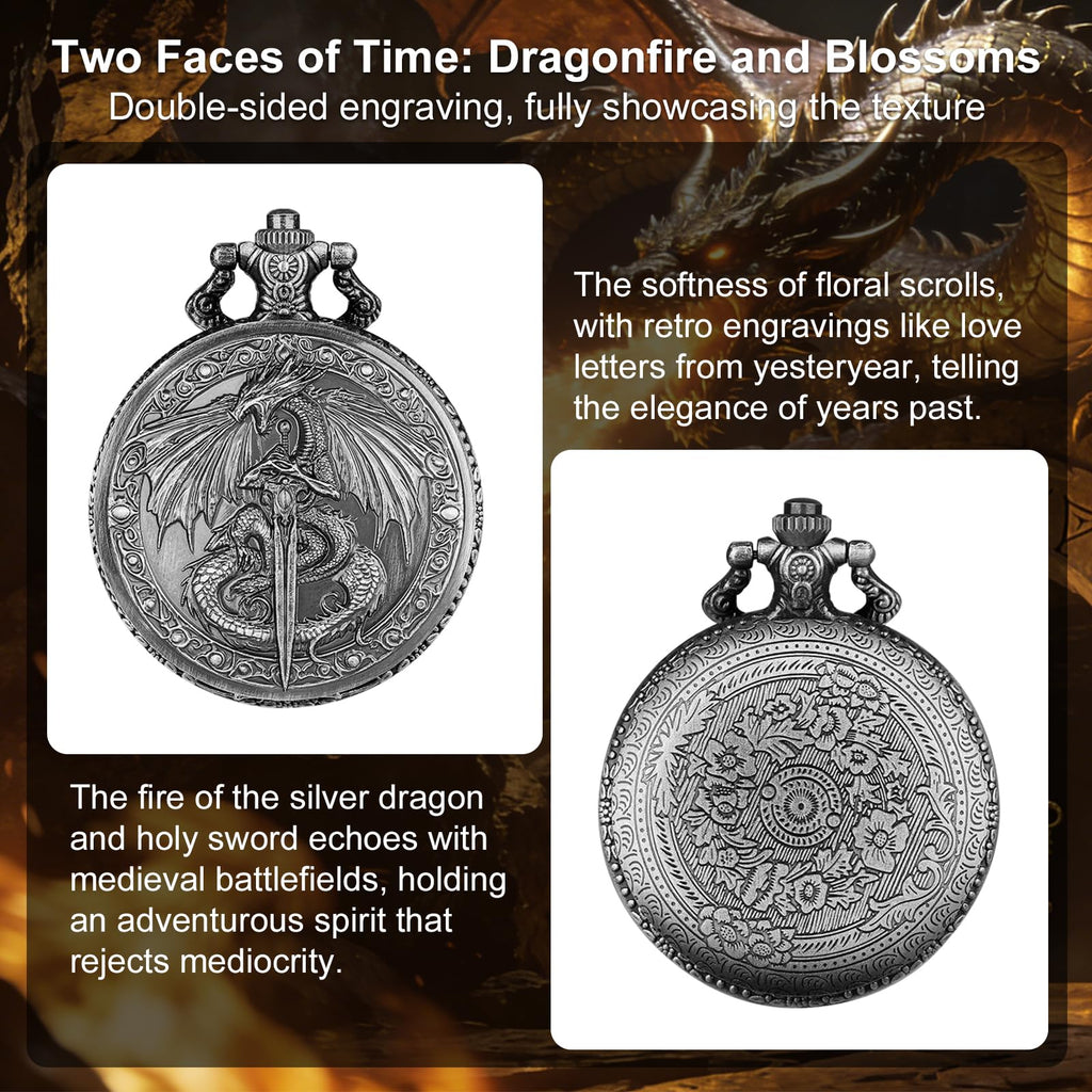 GEAoffice Vintage Dragon & Sword Pocket Watch Dice Set - Solid Metal Mini Dice for DND, RPG, Fantasy Gaming - Dungeon Master Gift