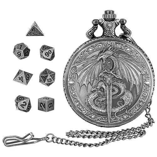GEAoffice Vintage Dragon & Sword Pocket Watch Dice Set - Solid Metal Mini Dice for DND, RPG, Fantasy Gaming - Dungeon Master Gift