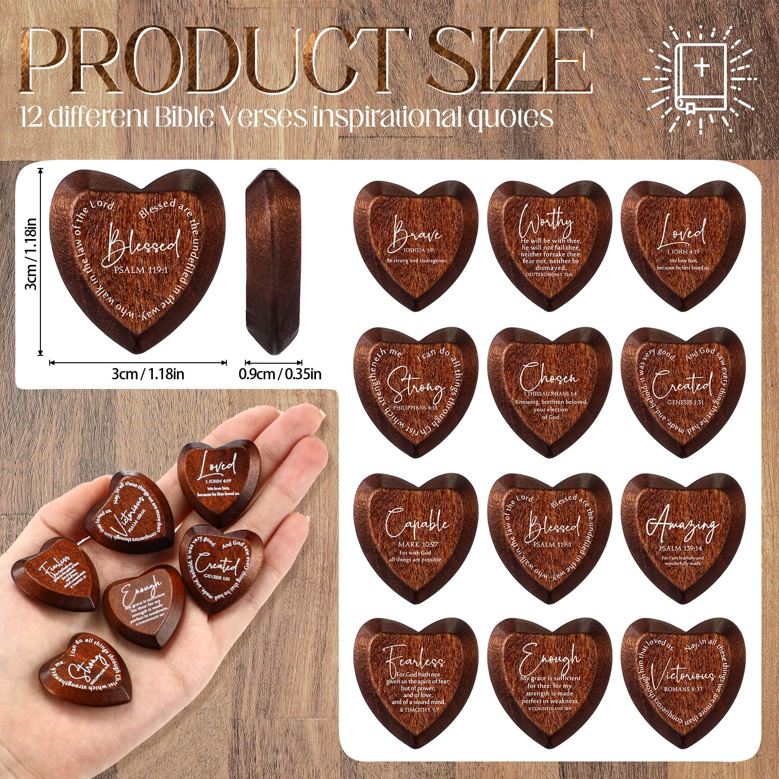 Geelin 24-Pack Inspirational Wooden Heart Tokens with Bible Verses – Pocket-Sized Faith Reminders for Gifting