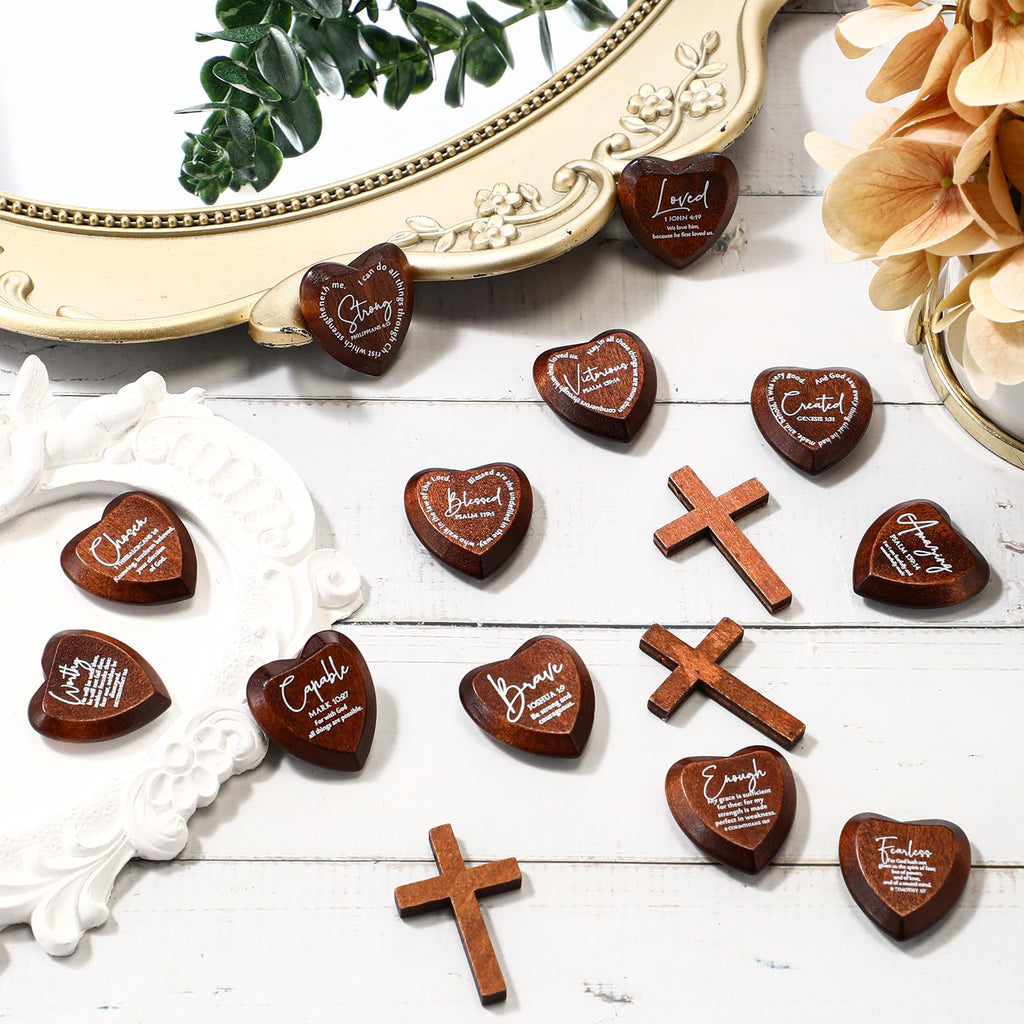 Geelin 24-Pack Inspirational Wooden Heart Tokens with Bible Verses – Pocket-Sized Faith Reminders for Gifting