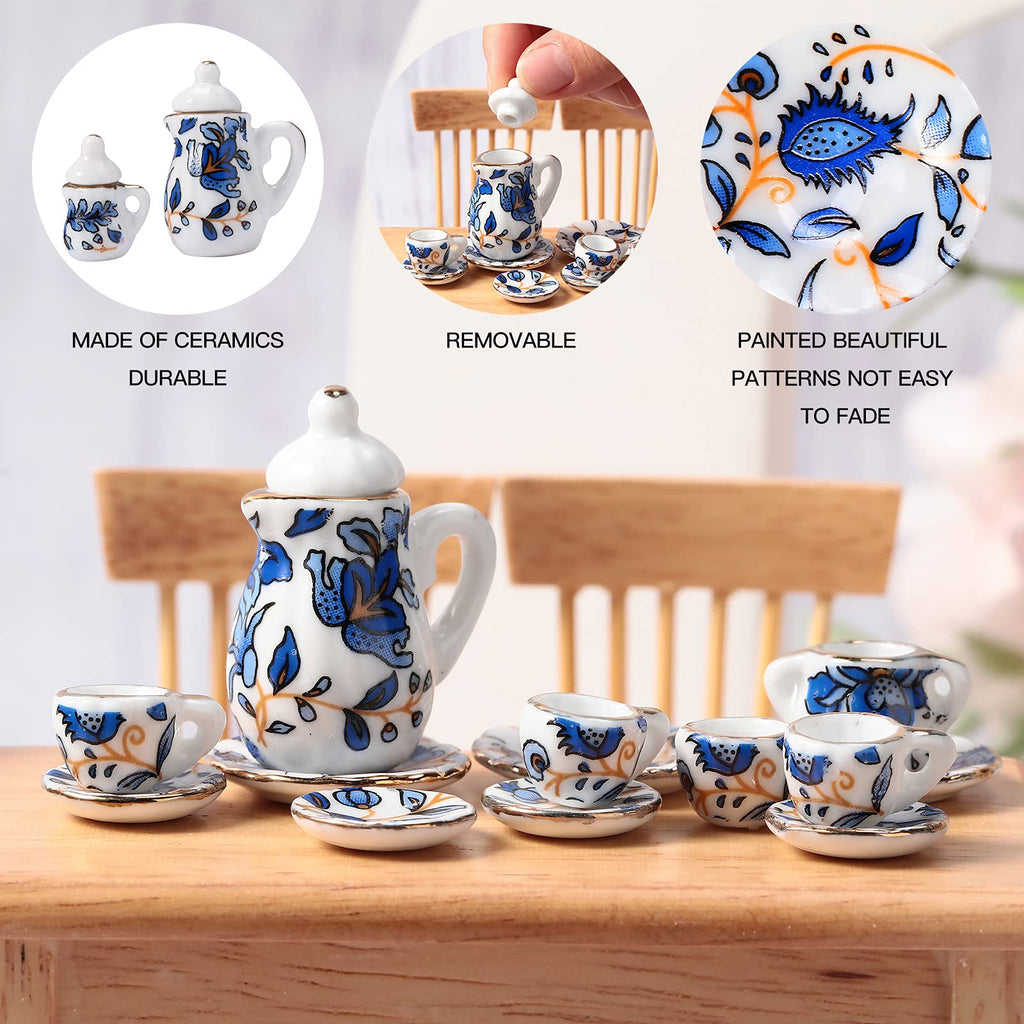 Geiserailie 30-Piece 1:12 Dollhouse Miniature Porcelain Tea Set, 2 Sets with Floral Pattern & Gold Trim, Teapot, Cups, Saucers & More