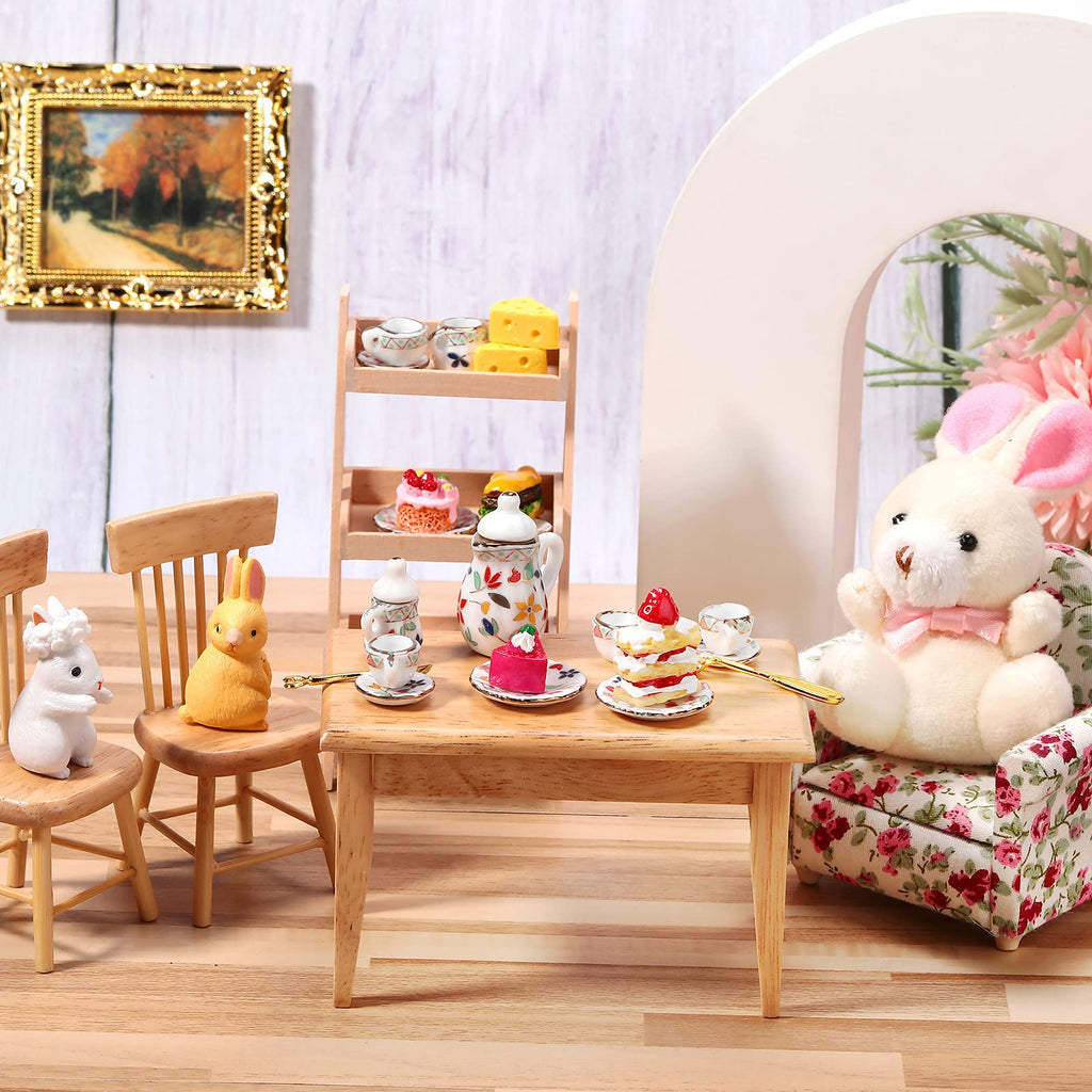 Geiserailie 30-Piece 1:12 Dollhouse Miniature Porcelain Tea Set, 2 Sets with Floral Pattern & Gold Trim, Teapot, Cups, Saucers & More