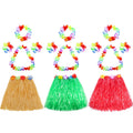 Gejoy 3-Piece Hula Skirt Set with Flower Leis for Luau Parties (Red, Green, Straw)