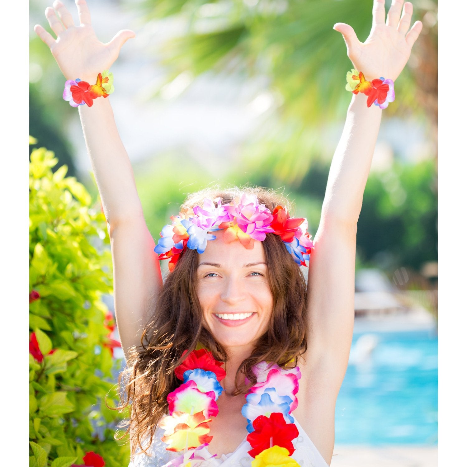 Gejoy 3-Piece Hula Skirt Set with Flower Leis for Luau Parties (Red, Green, Straw)