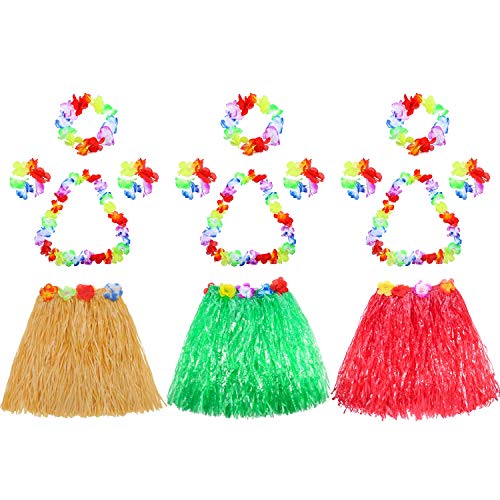 Gejoy 3-Piece Hula Skirt Set with Flower Leis for Luau Parties (Red, Green, Straw)