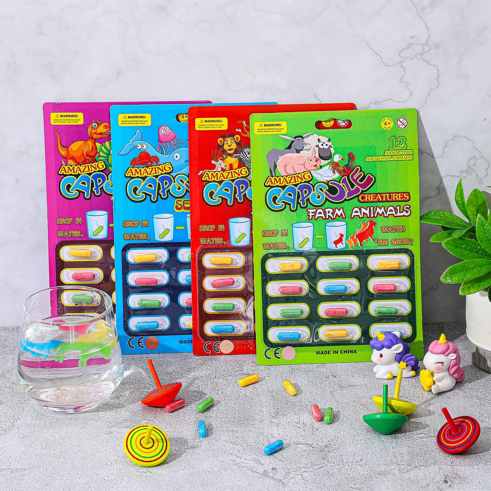 Gejoy 8-Pack Water Growing Capsules – 96 Mini Dinosaur, Sea Animal, Farm & Zoo Toys for Kids' Bath or Party