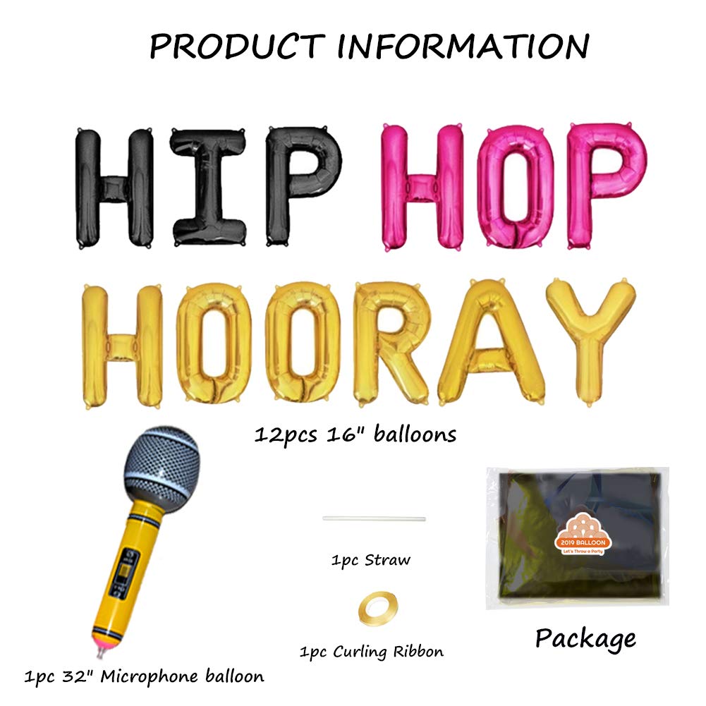 Geloar Hip Hop Hooray Balloons Banner Set - 16-Inch Gold Mylar Foil Decorations for Birthday, Graduation, Baby Shower & More