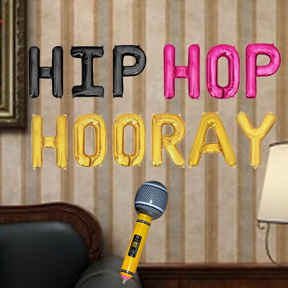 Geloar Hip Hop Hooray Balloons Banner Set - 16-Inch Gold Mylar Foil Decorations for Birthday, Graduation, Baby Shower & More