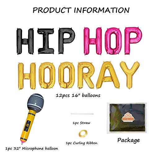 Geloar Hip Hop Hooray Balloons Banner Set - 16-Inch Gold Mylar Foil Decorations for Birthday, Graduation, Baby Shower & More