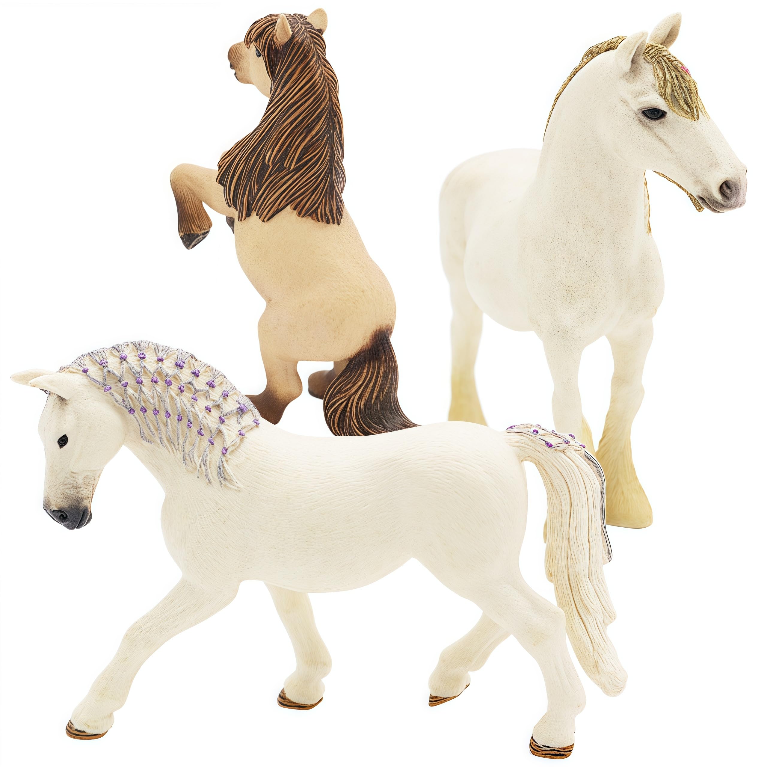 Gemini&Genius 3Pcs Horse Family Set - Realistic Hand-Painted Stallion, Mare & Foal Toy Figures for Kids, Cake Toppers, Farm Decor