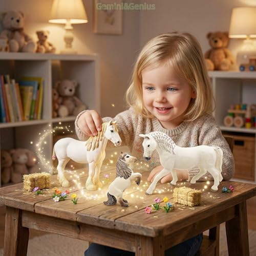 Gemini&Genius 3Pcs Horse Family Set - Realistic Hand-Painted Stallion, Mare & Foal Toy Figures for Kids, Cake Toppers, Farm Decor