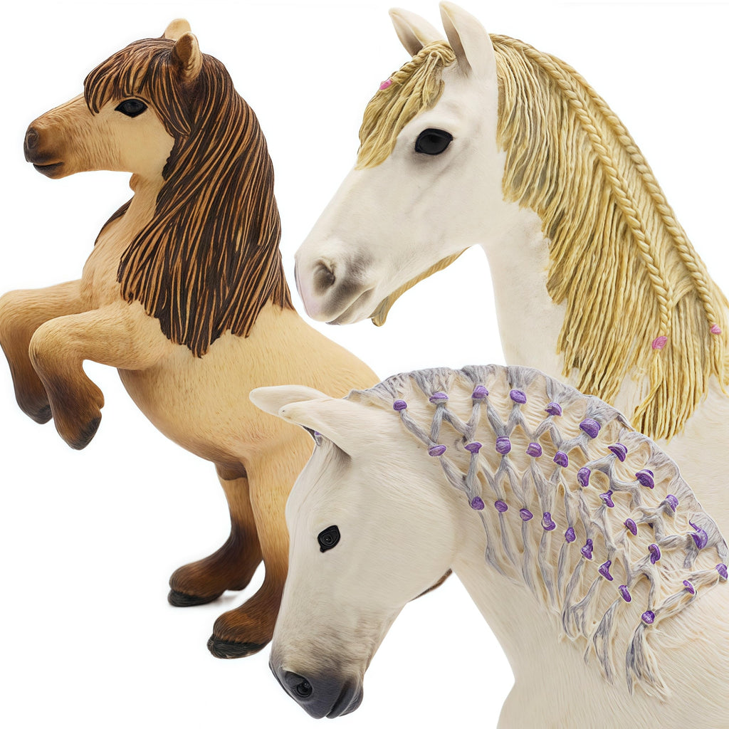 Gemini&Genius 3Pcs Horse Family Set - Realistic Hand-Painted Stallion, Mare & Foal Toy Figures for Kids, Cake Toppers, Farm Decor