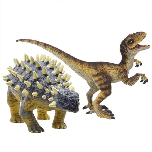 Gemini&Genius Ankylosaurus and Velociraptor Dinosaur Toys – Realistic Hand-Painted Moving Jaw Action Figures for Kids